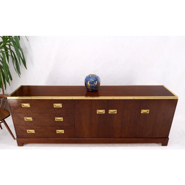 Campaign Style Brass Walnut Mid Century Drawers Doors Compartment Long Credenza For Sale - Image 10 of 13