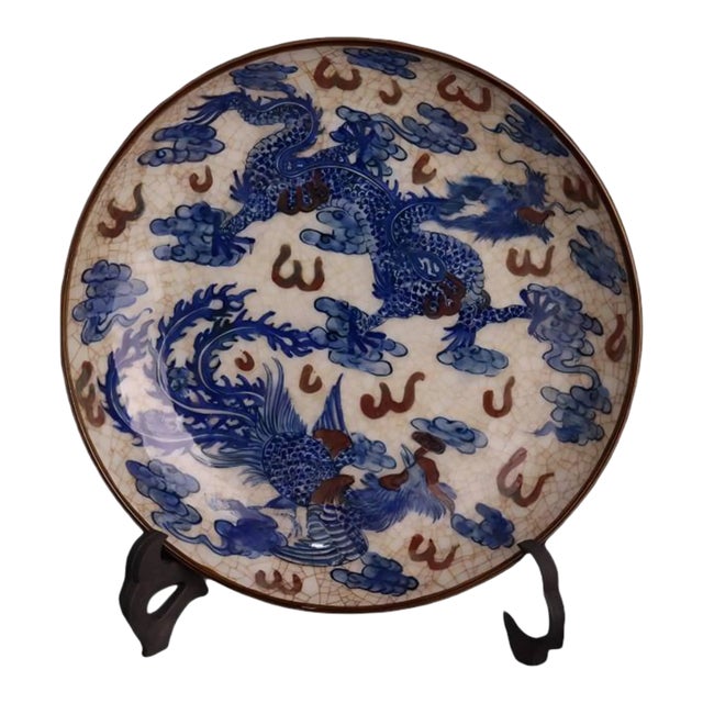 Chinese Vintage Ceramic Plate,Qing Dynasty Kangxi Marked Blue and White Famille Verte Porcelain Plate Hand Painted DragonPhoenix Pattern For Sale