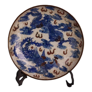 Chinese Vintage Ceramic Plate,Qing Dynasty Kangxi Marked Blue and White Famille Verte Porcelain Plate Hand Painted DragonPhoenix Pattern