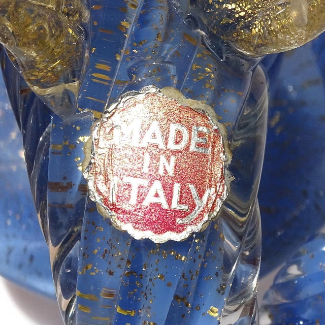 Vintage Seguso Murano 1950s Gold Flecks Opalescent Blue Italian Art Glass Cornucopia Sculptural Vase For Sale - Image 10 of 10