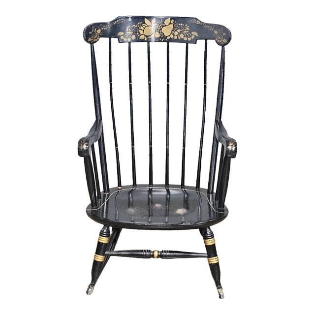 Black Hitchcock Style Windsor Arm Rocking Chair Harvest Stencil Gold Accents For Sale