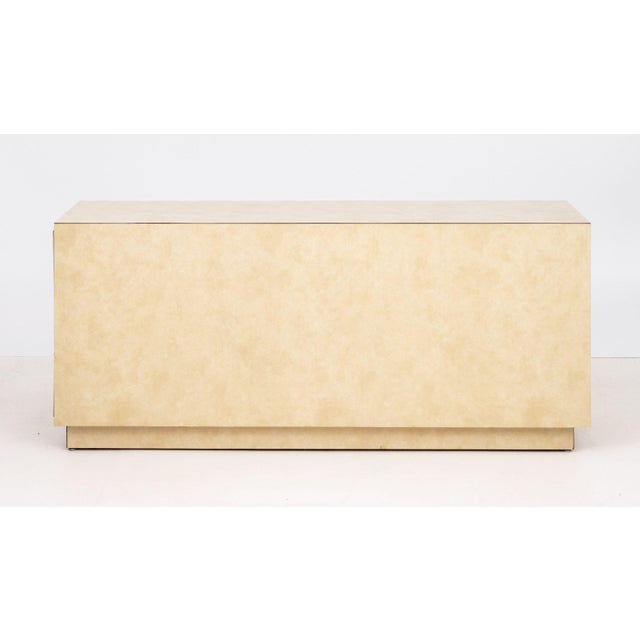 Minimalist Beige Laminate Block Form Console Table, with hidden side door opening to storage compartment. 27" H x 62.25" W...