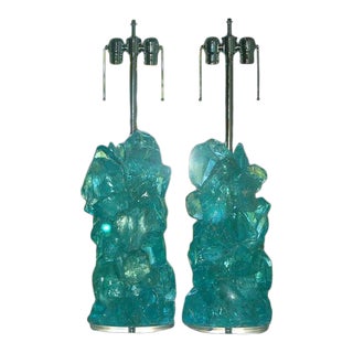 Glass Sculpted Rock Table Lamps in Aqua For Sale