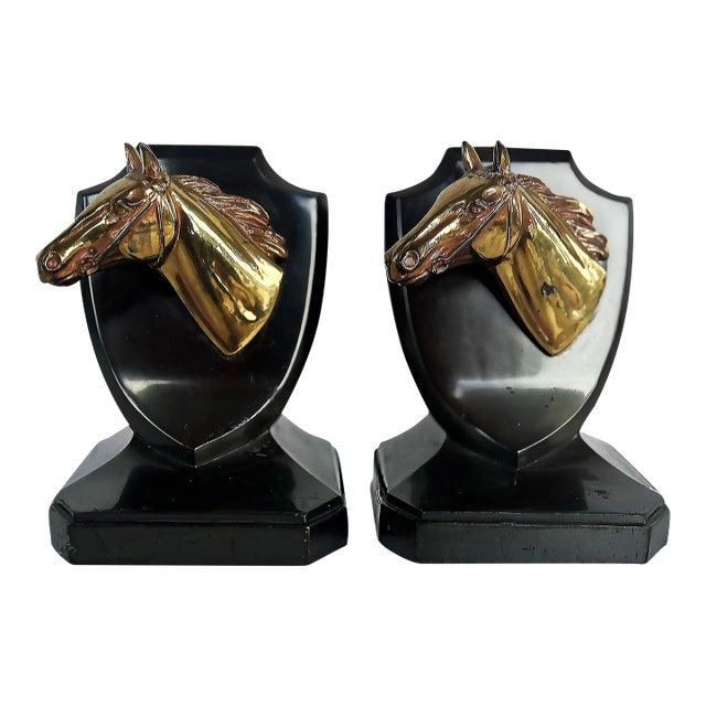 Vintage Equestrian Horse Iron, Brass Trophy Bookends Stamped p.m.c, Pair For Sale