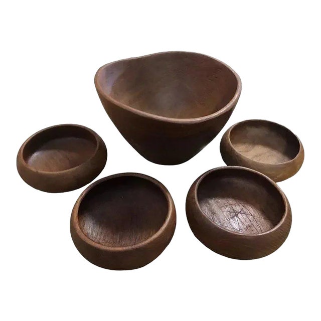 Mid 20th Century Mid Century Modern Goodwood Thailand Teak Wood Salad Bowl Wood Plates - Set of 5 For Sale