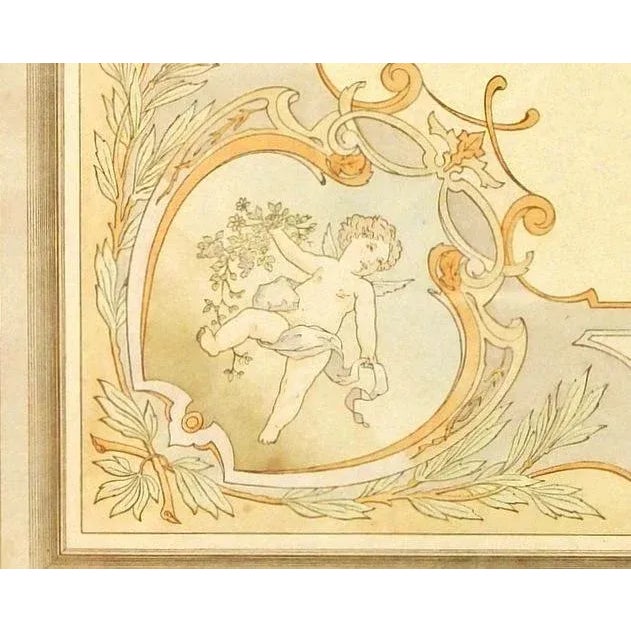 French antique hand stenciled pochoir of a decorative ceiling motif featuring a cherub from Decoration Moderne au Pochoir,...
