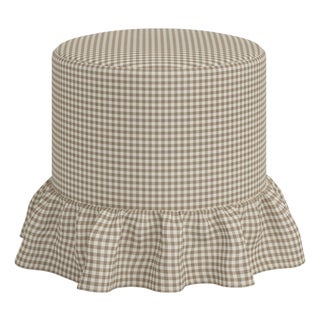 Stoffer Home x Cloth & Company Bernadette Ruffle Drum Ottoman in Mini Gingham Burlap For Sale