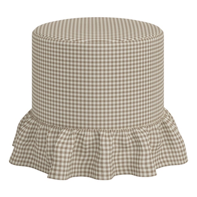 Stoffer Home x Cloth & Company Bernadette Ruffle Drum Ottoman in Mini Gingham Burlap For Sale