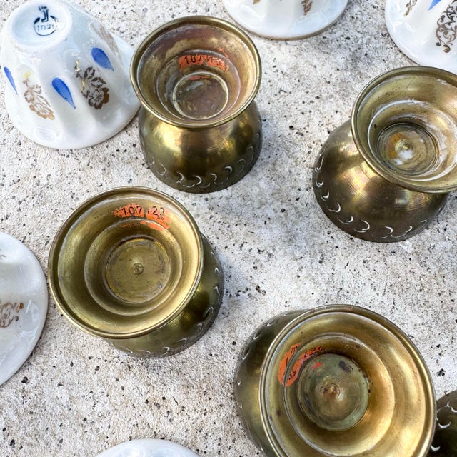Metal Vintage Israeli Porcelain Tea Cups in Brass Holders - Set of 6 For Sale - Image 7 of 8
