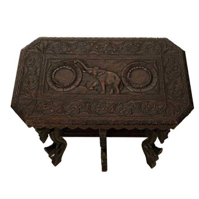 Antique Carved Anglo Indian Teak Wood Elephant Twin Tier Lamp Side Table 1900 For Sale - Image 17 of 17