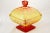 Large 7 inch tall vintage amber gold to red orange fall color gradient glass pedestal domed lid box with an ornate acorn...