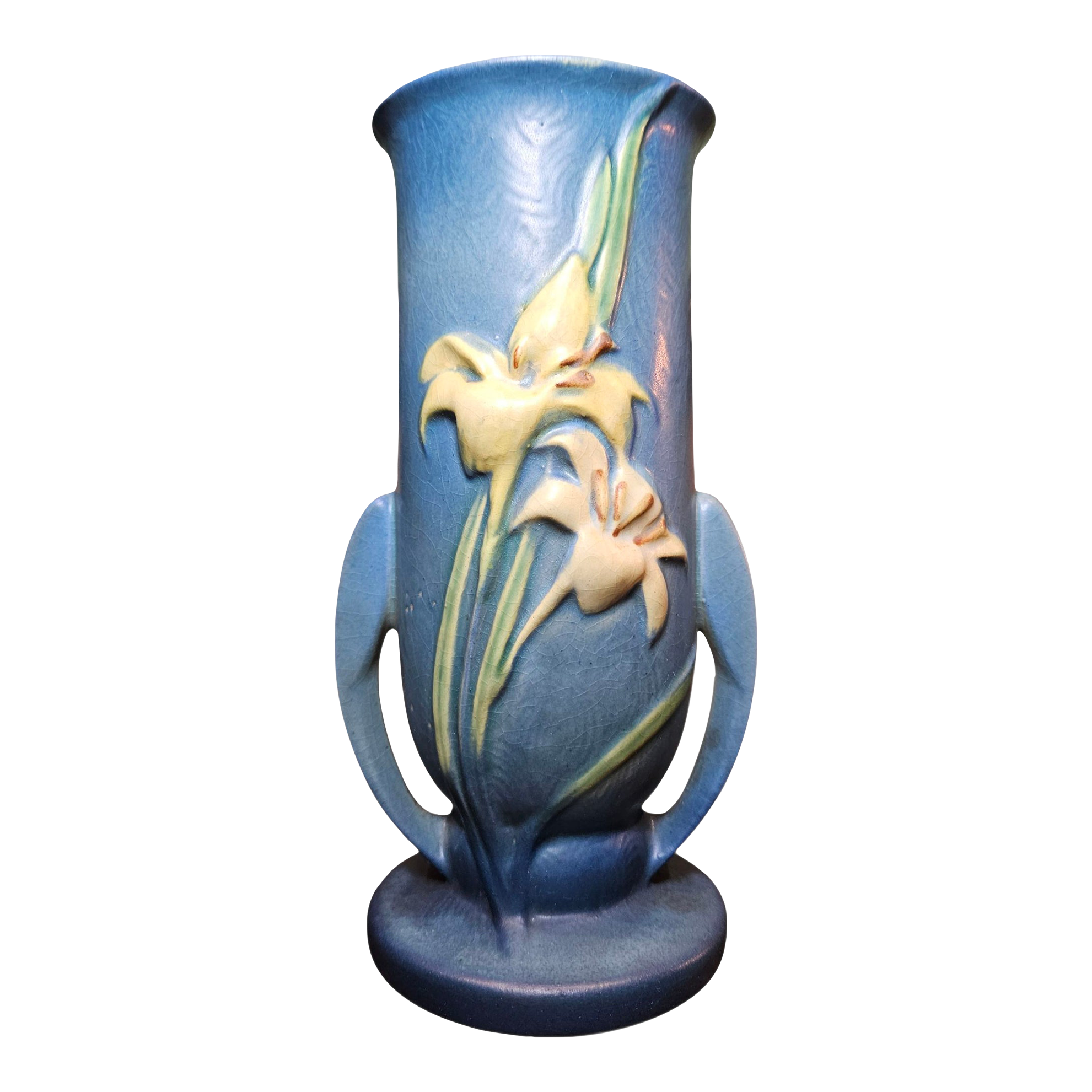 1940s Roseville Bermuda Blue “Zephyr Lily”, Double Handled Vase