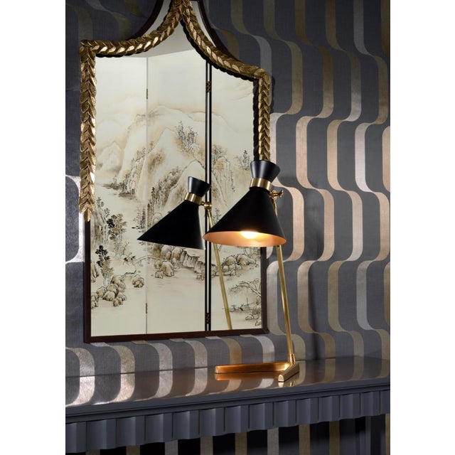 Antique brass finish, black shade 27h x 11.5w x 10d