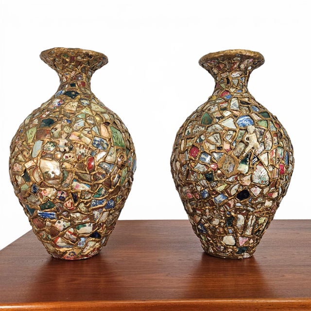 Early 20th Century Monumental Pair California Memory Ware Mosaic Floor Vases Pique Asiette 23" For Sale - Image 5 of 18