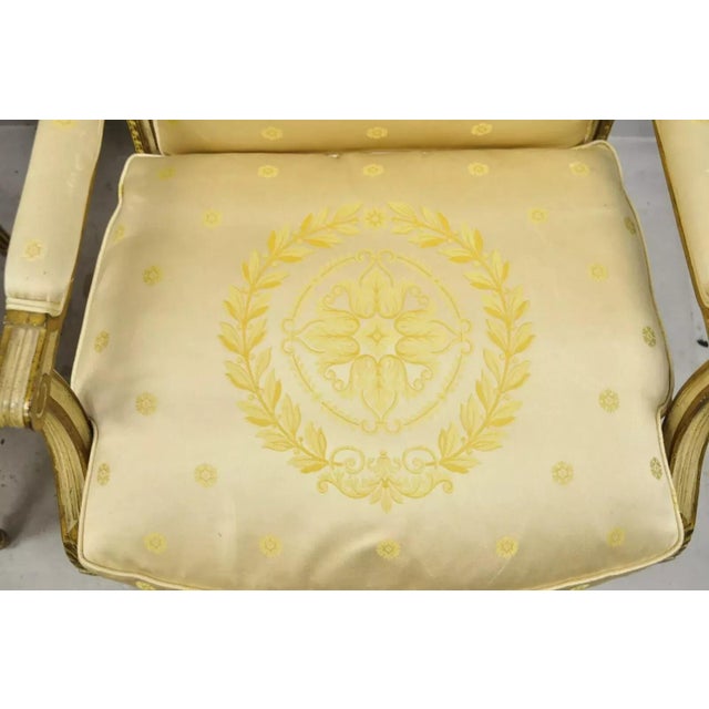 Early 20th Century French Louis XVI Neoclassical Gold Silk Fauteuil Parcel Gilt Armchairs - A Pair For Sale - Image 4 of 12
