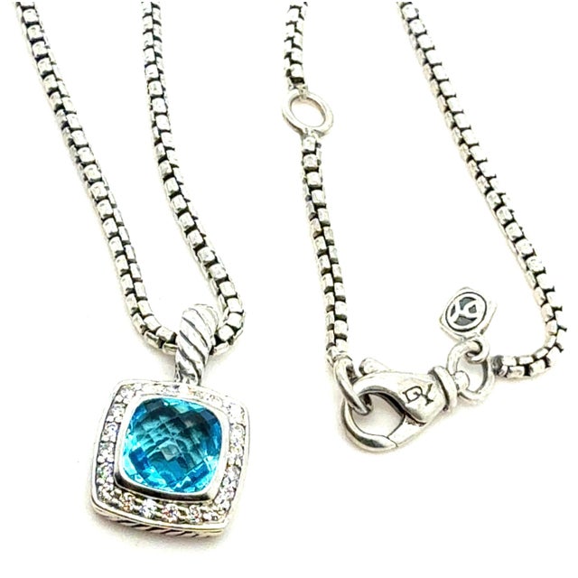 Traditional 1990s David Yurman Blue Topaz Diamond Necklace 18" Sterling Silver Estate For Sale - Image 3 of 8