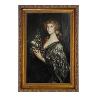 Woman With Ship Framed 7x11" Reproduction Print on Canvas For Sale