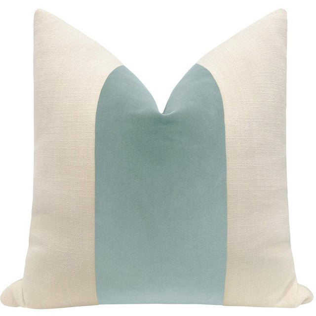 Beautiful pair of custom-made, natural linen pillows with a Spa Blue Designer Velvet center and solid natural linen...