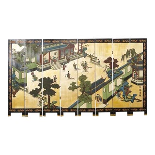 Chinese Export Eight Panel Coromandel Screen Gilt Pavilion For Sale