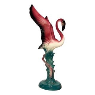 Mid 20th Century Open Wing Pink Flamingo Ceramic Tabletop Statue For Sale