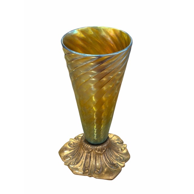 Art Nouveau Antique Louis Comfort Tiffany Favrile Glass and Bronze Base Vase For Sale - Image 3 of 5