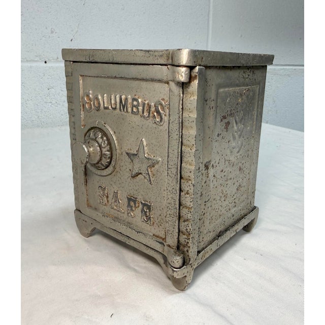 Metal Antique Original 1900s Cast Iron Columbus Star Safe Lock Deposit Coin Still Bank For Sale - Image 7 of 12