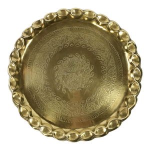 Vintage Indian Etched Brass Tray With Crimped Edge