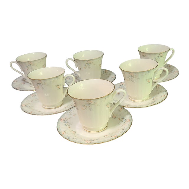 Vintage Mikasa Petite Roselle Fine Bone China Cups & Saucers Set- 12 Pieces For Sale