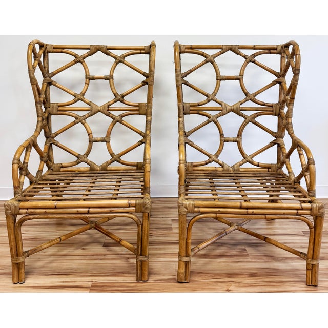 Wood Fretwork Rattan Wingback Chairs, a Pair For Sale - Image 7 of 13