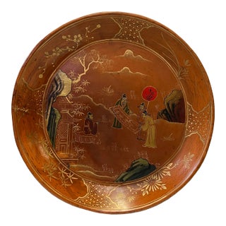 Chinoiseries Golden Graphic Brown Lacquer Round Display Disc Plate Tray For Sale