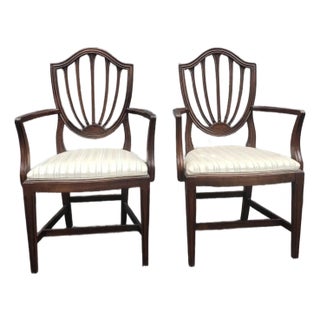 Pair of 1970s Ethan-Allen Georgian Ct Mahogany and Upholstered Shield Back Dining Armchairs For Sale