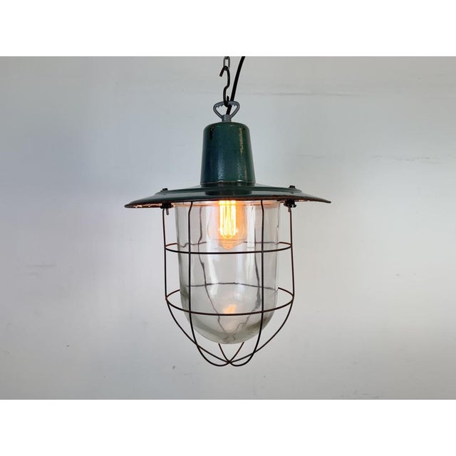 Industrial Green Enamel Cage Pendant Light, 1960s For Sale - Image 16 of 18