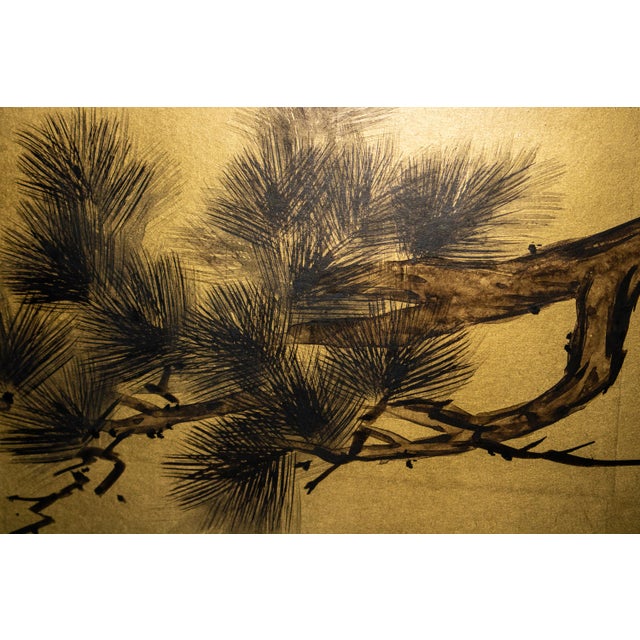 "Pine Tree" by Yukika, Late Showa Era Japanese Painted Byobu Screen For Sale - Image 11 of 18