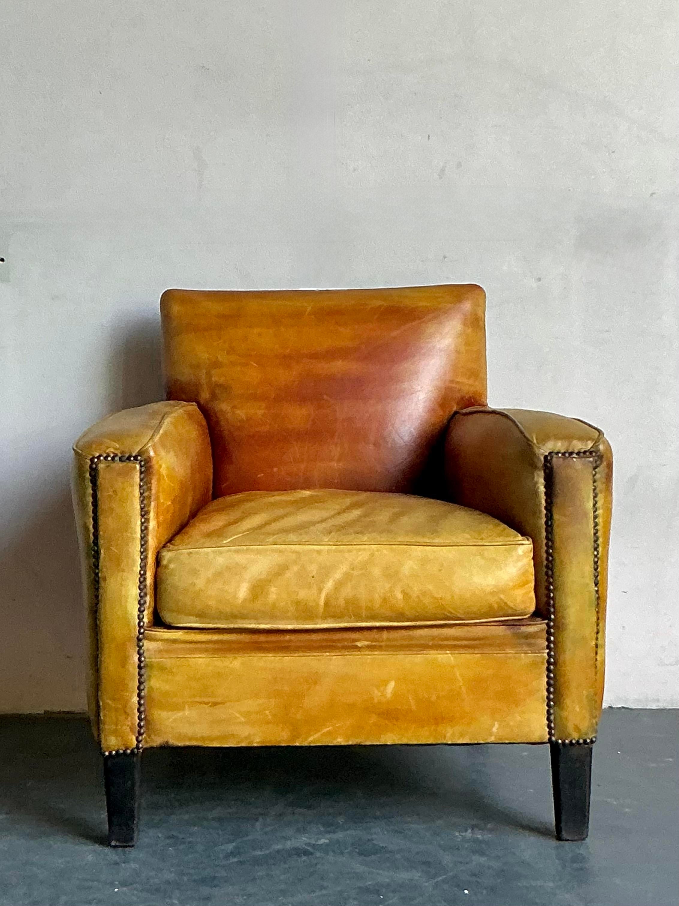 Vintage French Nailhead Stained Leather Club Chair | Chairish