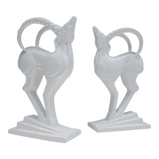 Vintage C1980's Fitz & Floyd Art Deco Style Porcelain White Gazelle Bookends, or Accents For Sale