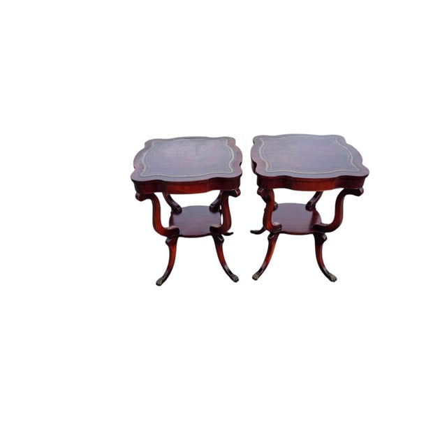 American Pair of 1940 Regency Style Leather Top Maple Wood Tables. For Sale - Image 3 of 13