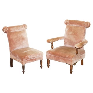 Set of Victorian Boudoir Armchairs with Salmon Pink Velour Upholstery For Sale