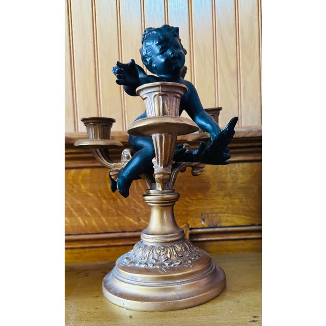Mid 20th Century Vintage Black Cast and Gold Putti Cherub Candelabras - A Pair For Sale - Image 5 of 6