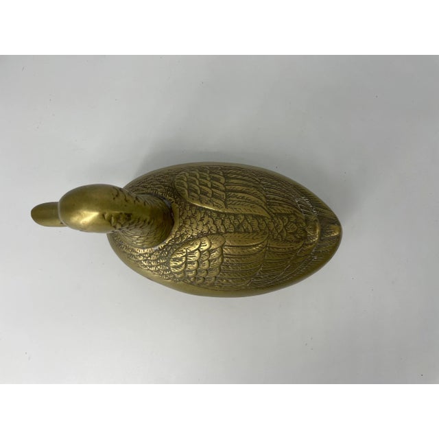 This is a good solid lidded brass duck on offer. With a 10" length, duck is larger than typical, and definitely stands out...