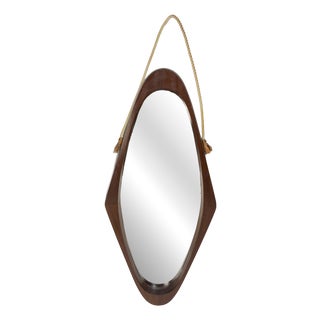 Shield Oval Wall Mirror in Teak, Rope, and Leather, Italy, 1960s For Sale