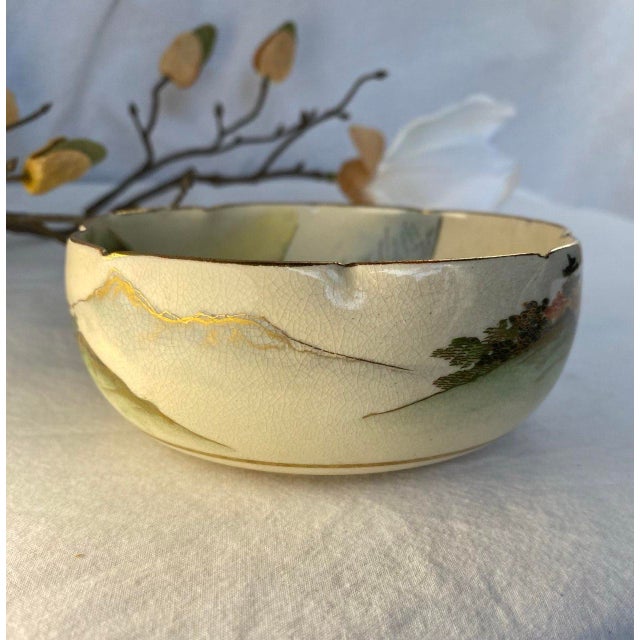Meiji Period Japanese Satsuma Lotus-Form Bowl, C. 1890–1910, Hand-Painted Landscape & Moriage Gilt For Sale In San Francisco - Image 6 of 11