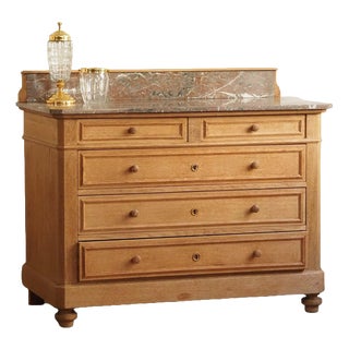 Vintage Oak Mirrored Chest of Drawers with Marble Top For Sale