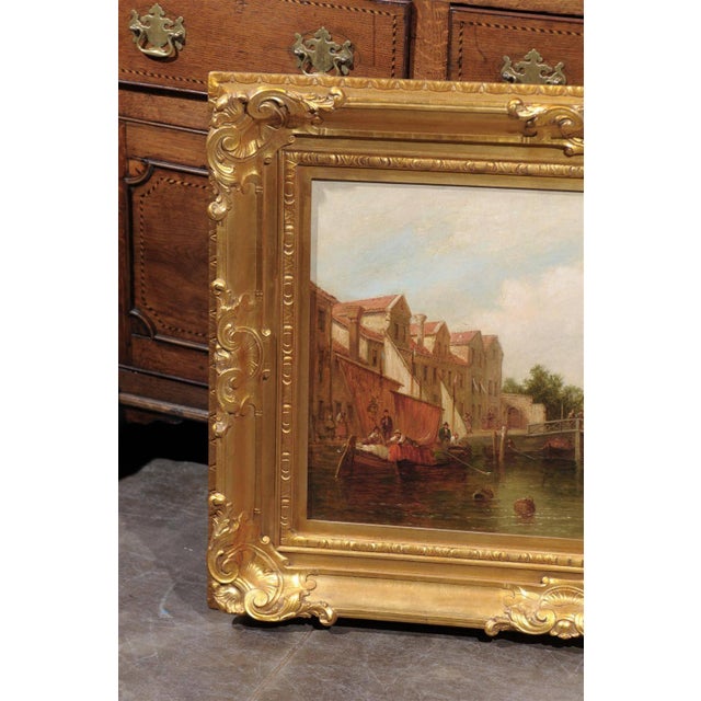 Textile Oil Painting of a Canal Scene with Boats and Pedestrians from Late 19th Century For Sale - Image 7 of 7