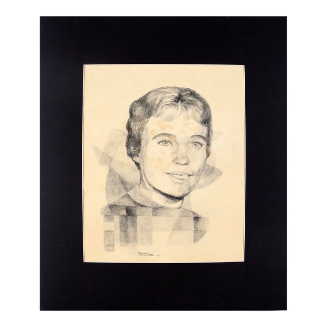 Geometric Woman's Portrait - Rare Signed Graphite Drawing on Paper 1962 by Eugene Hawkins For Sale