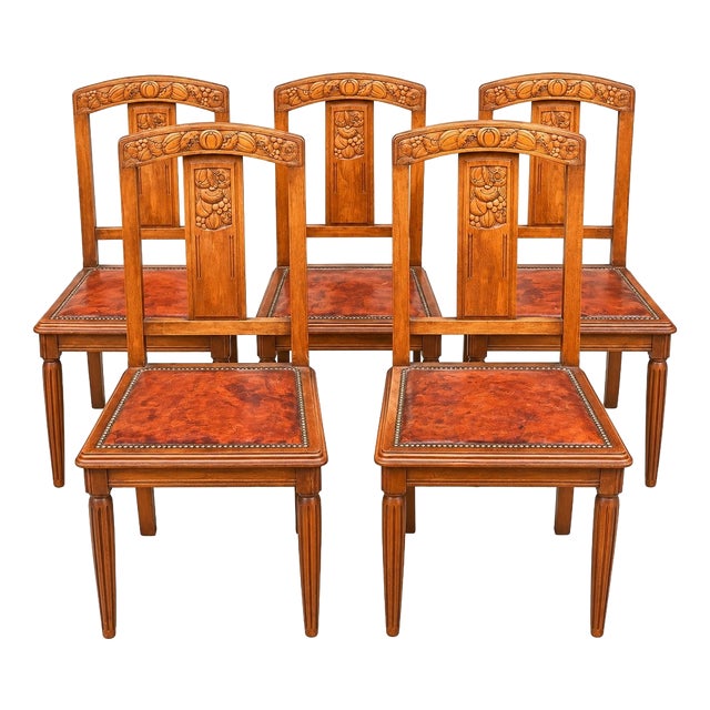 Art Deco Chairs in Carved Walnut with Studded Leather Seats, 1920s, Set of 5 For Sale
