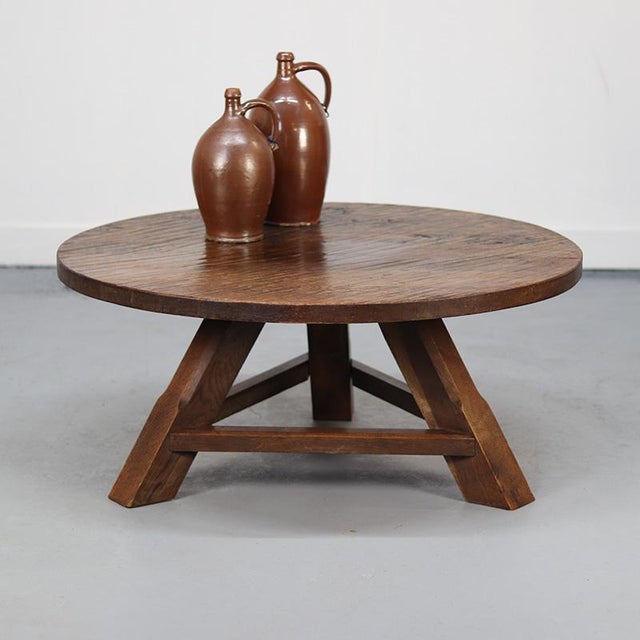 Large Round Vintage Brutalist Rustic Farmhouse Coffee Table from Oak For Sale - Image 4 of 9