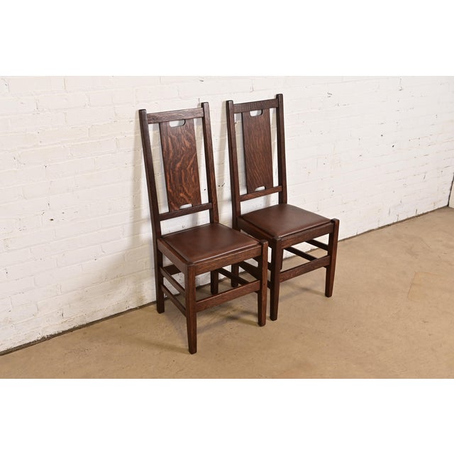 Stickley Gustav Stickley Antique Mission Oak Arts & Crafts H-Back Dining Chairs With Leather Seats, Pair For Sale - Image 4 of 12