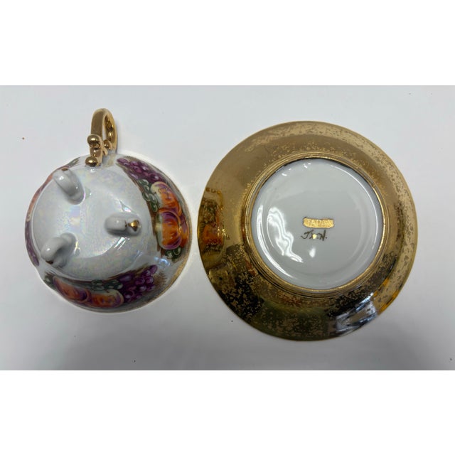 Gold Vintage Japanese Lusterware Footed Teacup & Saucer Gold Iridescent Fruit Design Mid Century Display Cup For Sale - Image 8 of 8