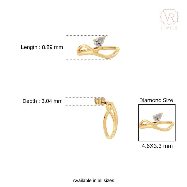 Modern Sculptural Pear Cut Diamond Solitaire Wave Ring Size 5.5 in 14k Yellow Gold For Sale - Image 10 of 14