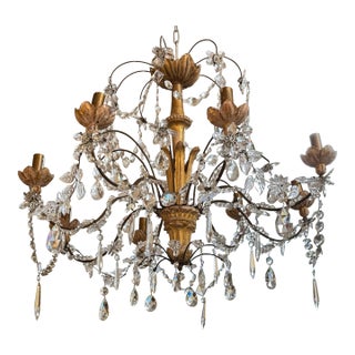 Antique Italian Gilt Wood + Crystal Candelabrum For Sale